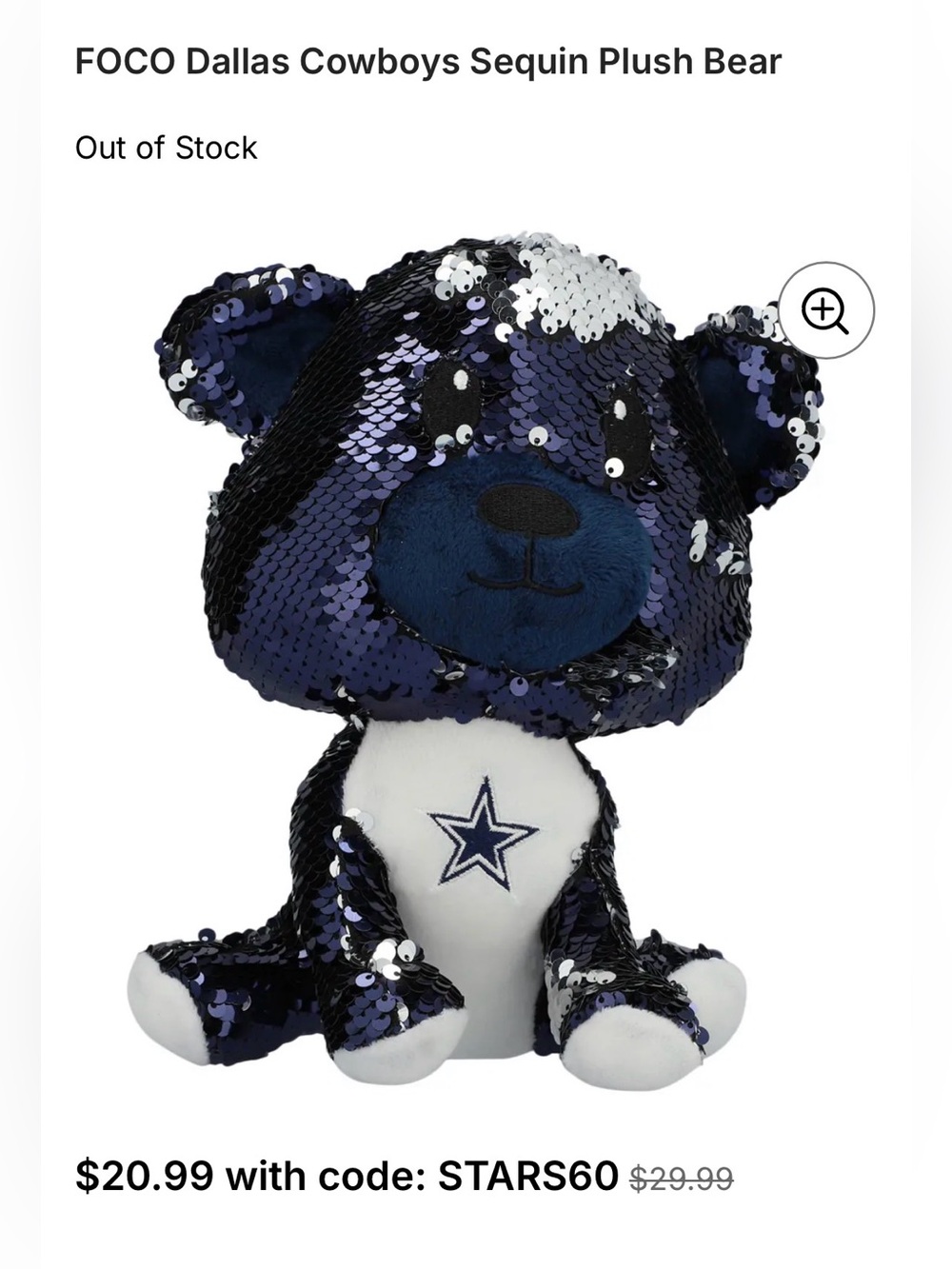 Y2K Dallas Cowboys Sequin Plush Bear - Navy & White